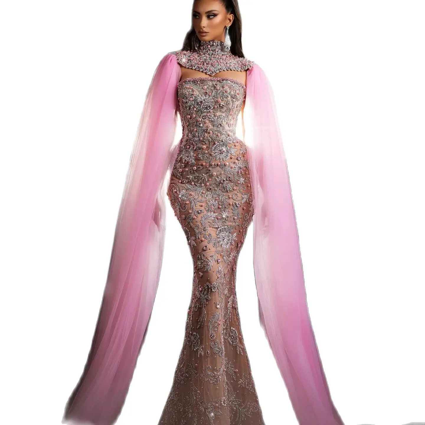 Graceful High Neck Prom Dresses Sexy Pearls Sequined Lace Mermaid Evening Dress Women Floor Length Party Gowns Custom Made