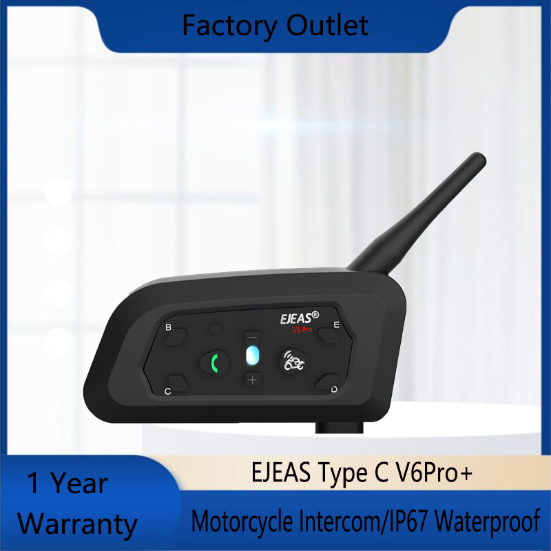 EJEAS 1/2Pcs Type C V6 Pro Moto Intercom Bluetooth Helmet Headset Motorcycle Interphone Walkie Talkie for 6 Riders