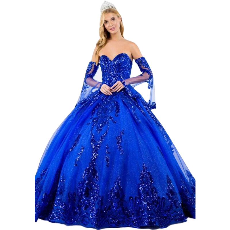 Princess Royal Blue Quinceanera Dresses Glitter Sequins Appliques Sweetheart Neck Corset Long Prom Dress Removable Bell Long Sleeves Sweet 15 Ball Gow