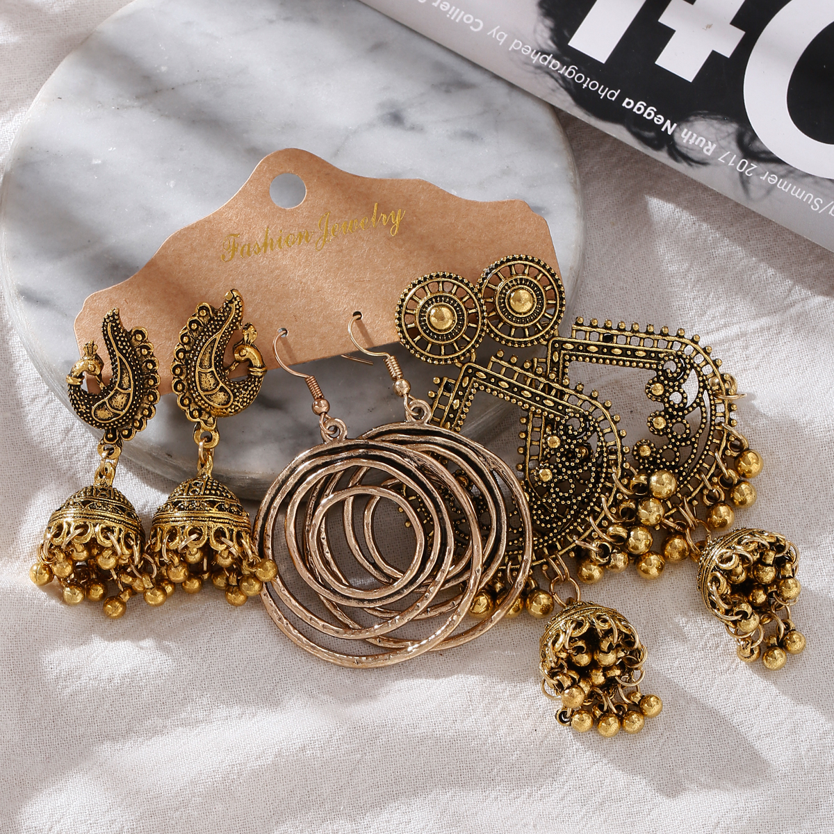 Ethnic Gold Color Geometric Earrings Sets for Women Girl Statement Jewelry Vintage Big Round Circle Drop Earrings Set Gifts
