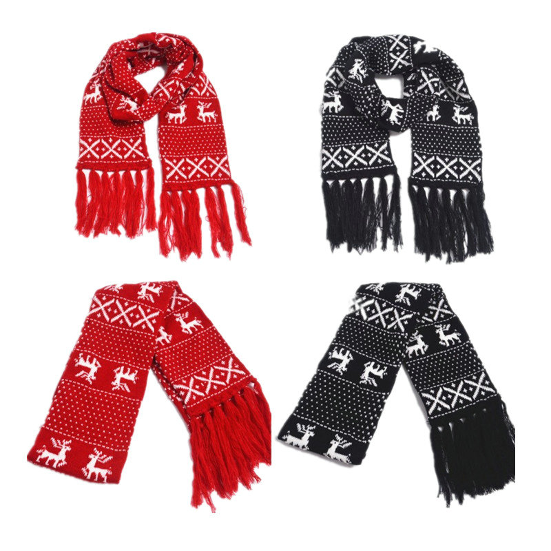 Winter Thick Christmas Scarf Black Red Reindeer Shawls And Scarves For Couple Lovers Long Tassel Knitted Warm Scarves YK492