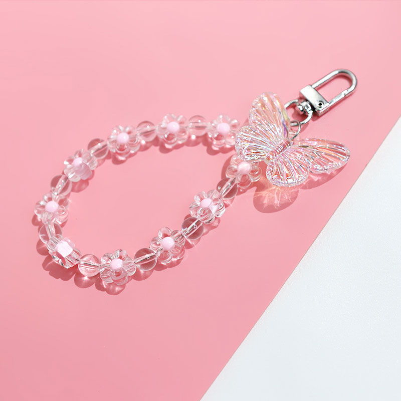 Butterfly Flower Keychain Trendy Transparent Bead Lanyards Keyring Mobile Phone Chains for Women Car Keys Bag Decor Pendant