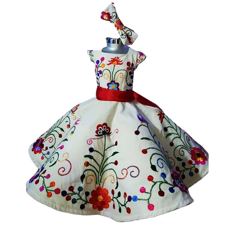 Charra Embroidery Flower Girls Dresses Short Sleeves Floor Length Ivory Satin Kids Birthday Dress Christening Communion Gowns Toddler Wedding Party Fo