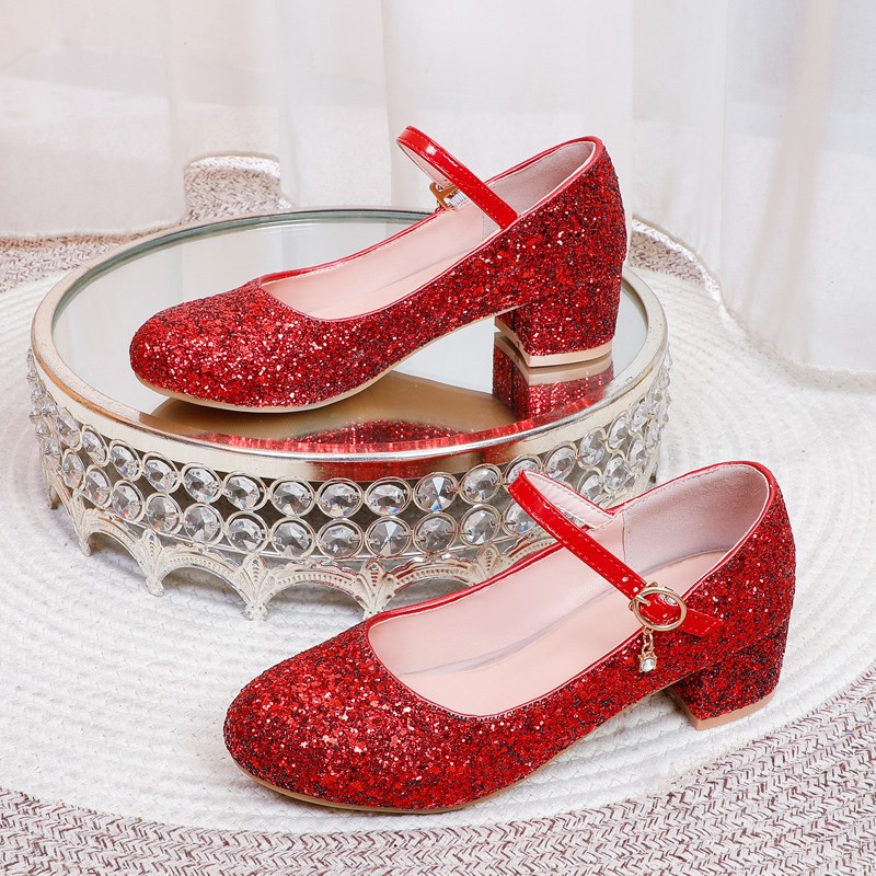 Sweet Girls Performance Party Sequin Fairy Shoes Pink Gold Silver Red Round Toe Middle Heels Wedding Mary Jane Pumps Size 34-43