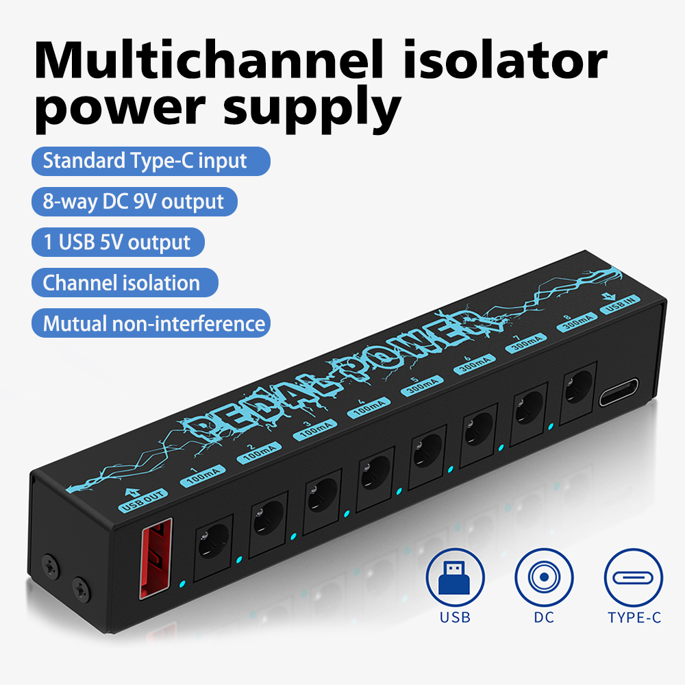 Guitar Pedals Power Supply 5V/2.1A 8 DC Output Portable Durable Pedalboard Power Supply with USB Port Guitars Power Supply