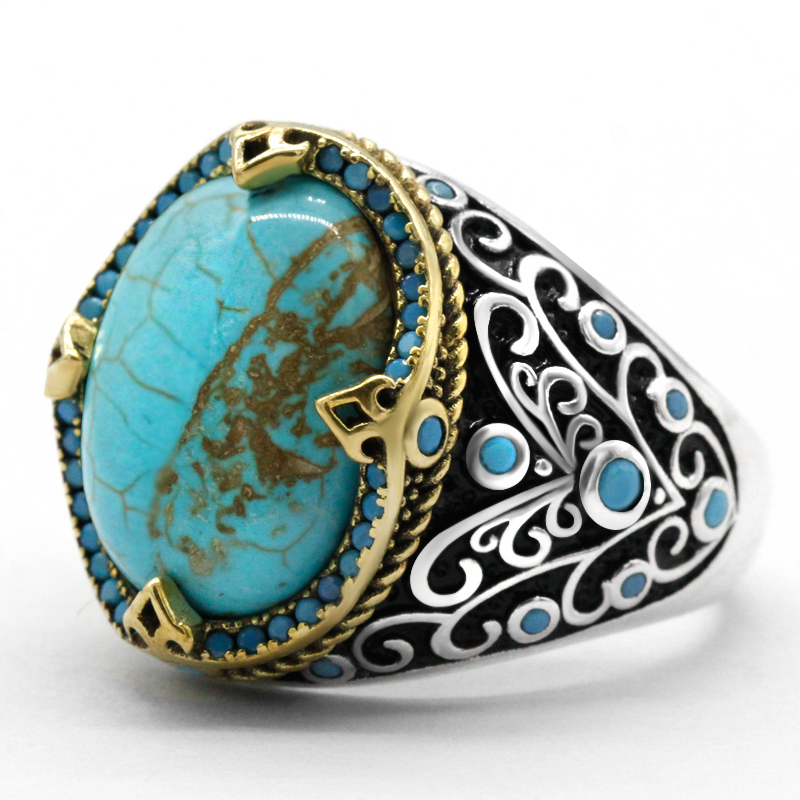 New Men's Vine Ring 925 Sterling Silver Natural Turquoise Anchor Ring Retro Antique Turkish Handmade Jewelry Husband Gift