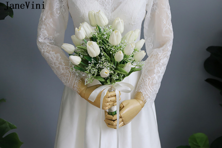 JaneVini Newest Design White Tulip Wedding Bouquet for Bride Artificial Flowers Real Touch Bridal Hand Bouquet Kwiaty Sztuczne