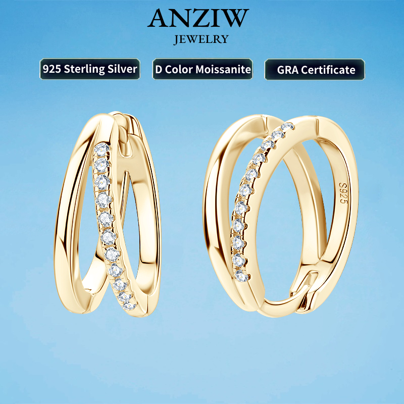 Anziw Split Hoop Earrings Pave Moissanite Huggie for Women 12MM/14MM Double Hoops Silver 925 Sterling Certified Jewelry Gifts