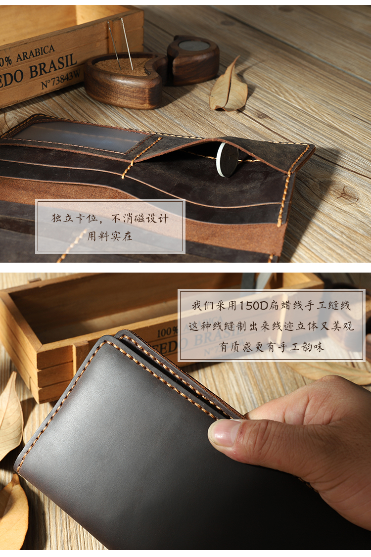 Handmade Vintage Cowhide Genuine Leather Men Wallet Leather Long Wallet Clutch bag tough Male Purse Money Bag Money Clips WF219