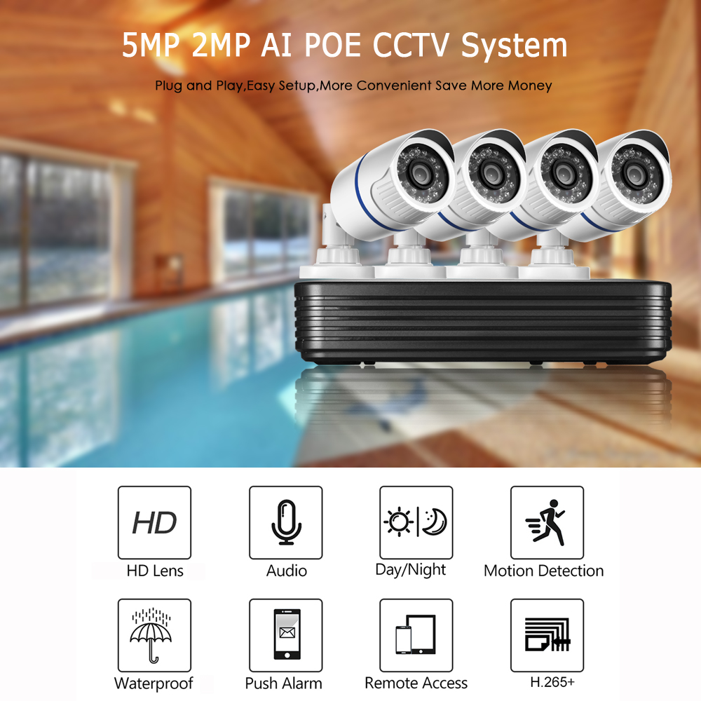 AZISHN 4CH NVR 5MP POE H.265 Security Camera System Kit Audio IP Camera IR Outdoor Waterproof Home CCTV Video Surveillance Set