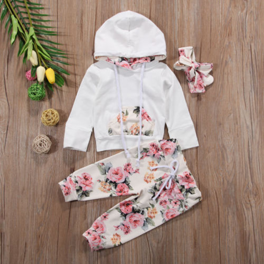 Autumn Baby Girl Clothes Set New Toddler Newborn 3PCS Hooded Print Casual Long Sleeve Hoodies+Floral Pants Outfits Clothing