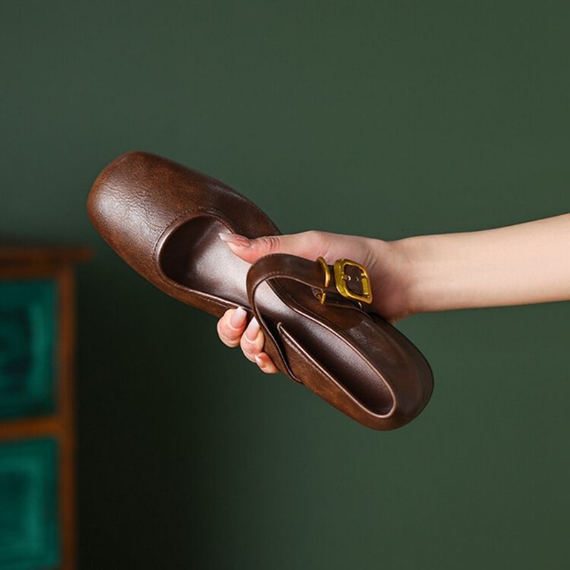 NEW Spring Pumps Split Leather For Women Round Toe Chunky Classical Low Heel Mary Janes Belt Buckle Shoes