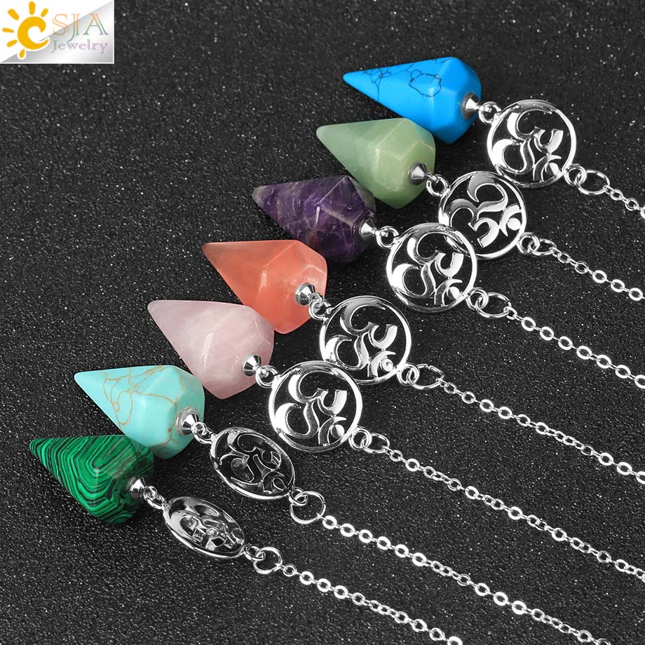 CSJA Natural Stone Crystal Pendulum for Dowsing Spiritual Pendulums Esoteric Healing OM Hexagonal Pointed Pendant Pendulos G720