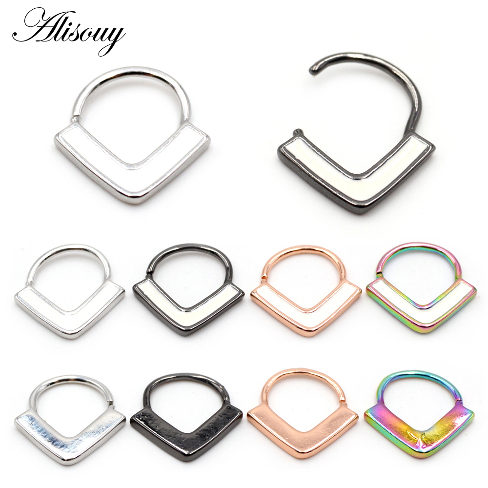 Alisouy 1pc Copper 16G V Pattern Enamel Clicker Nose Septum Ring Segment Daith Helix Hoop Nostril Earring Body Piercing Jewelry