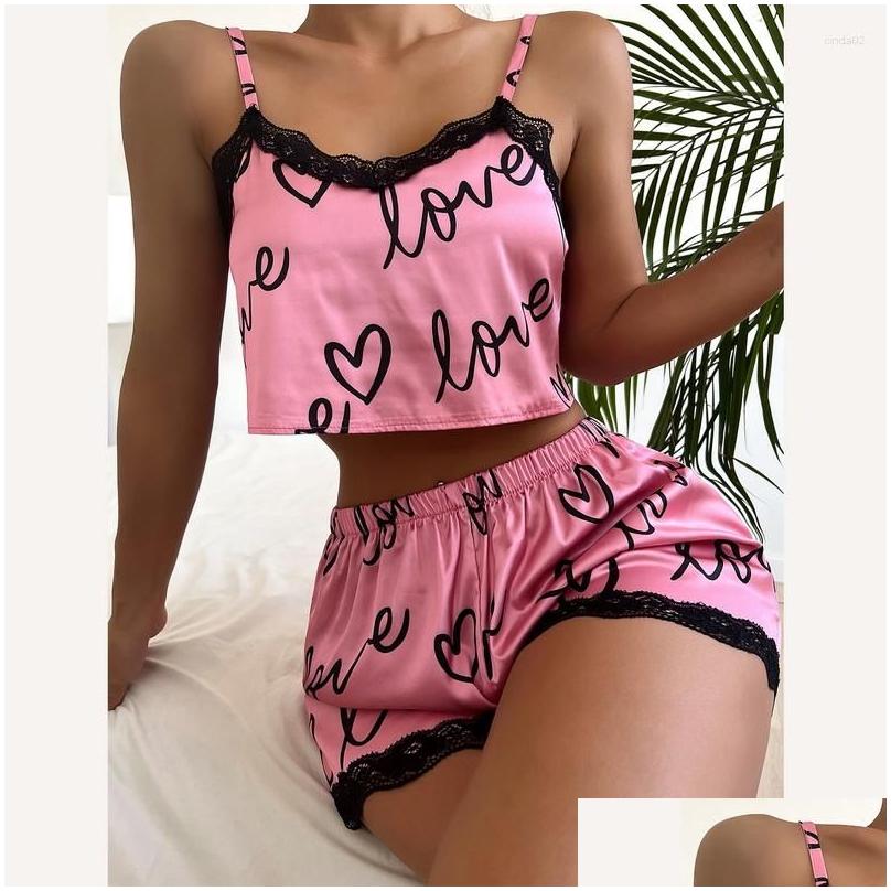 Womens Sleepwear Two Pieces Set Pajama Shorts Suit Print Underwear Pijama Sexy Lingerie Camisoles Tanks Nighty Ladies Drop Delivery A Dhdcn