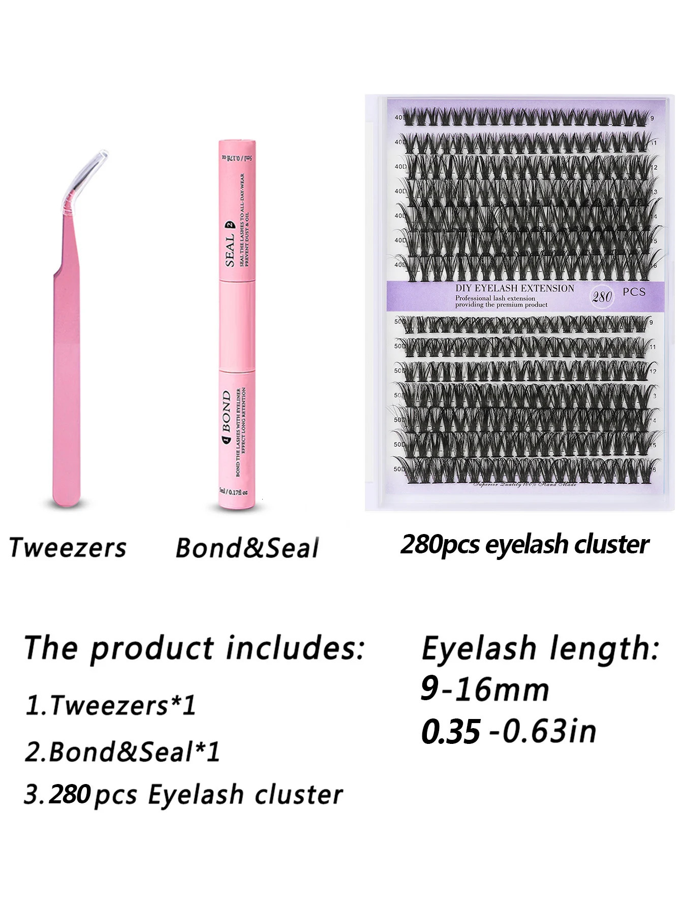 DIY Eyelash Set 280pcs Individual Lashes Cluster D Curl 9-16mm Mix Lash Clusters with Lash BondSeal and Lash Applicator Tool 240624