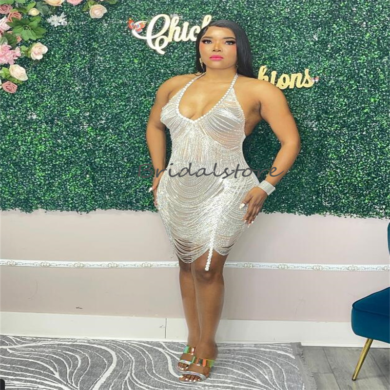 Sparkly Short Baddies Prom Dresses Deep V Neck Beaded Diamond Birthday Dress Gorgeous Glitter Black Girls Evening Dress Cocktail Dinner Party Vestidos