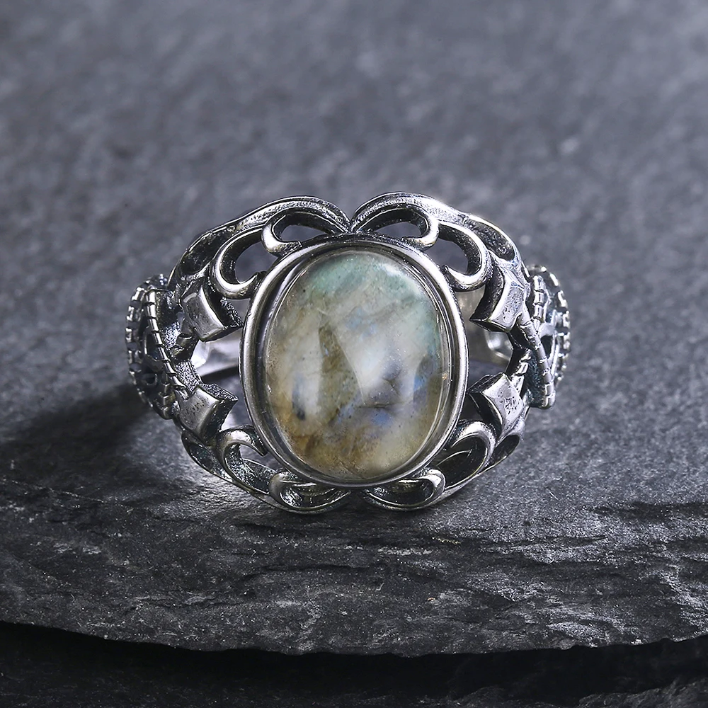 10*12mm Natural Labradorite Moonlight Silver Rings Lapis Lazuli Turquoise Ring Axe Hollow Design Jewelry for Women
