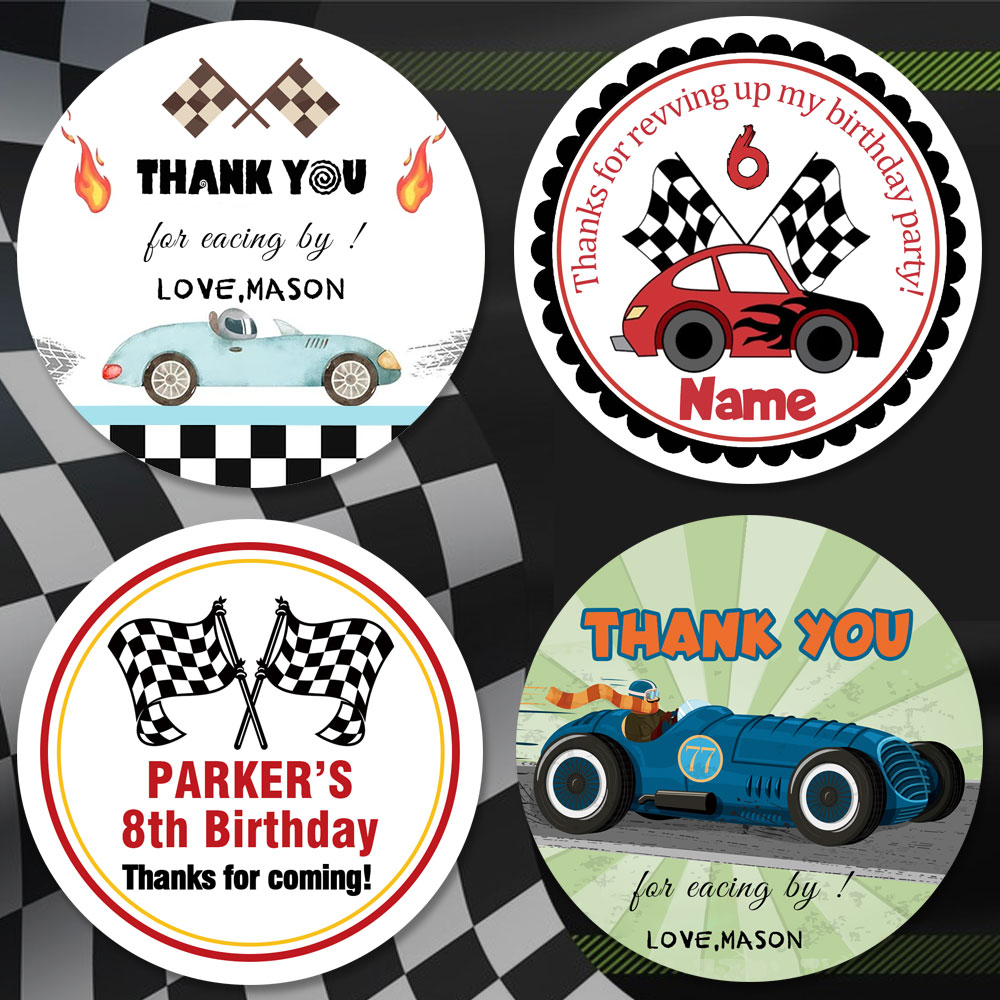 Racing Car Driving Sticker Lables Custom Name Race Car Theme Kid Boy Birthday Party Favor Thank You Stickers Baby Shower Decor