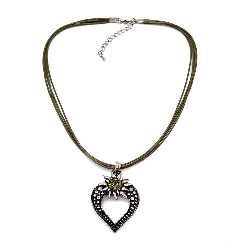 German Edelweiss Heart Necklace Pendant Oktoberfest Bavarian Vintage Dirndl Costume Alpine Jewelry New