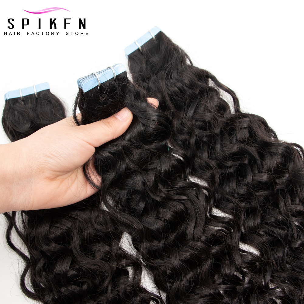 SPIKFN Tape Human Hair Extensions Water Wave 12-24 inches PU Skin Weft Tape in Water Curly Tape in Hair Extensions 20pcs