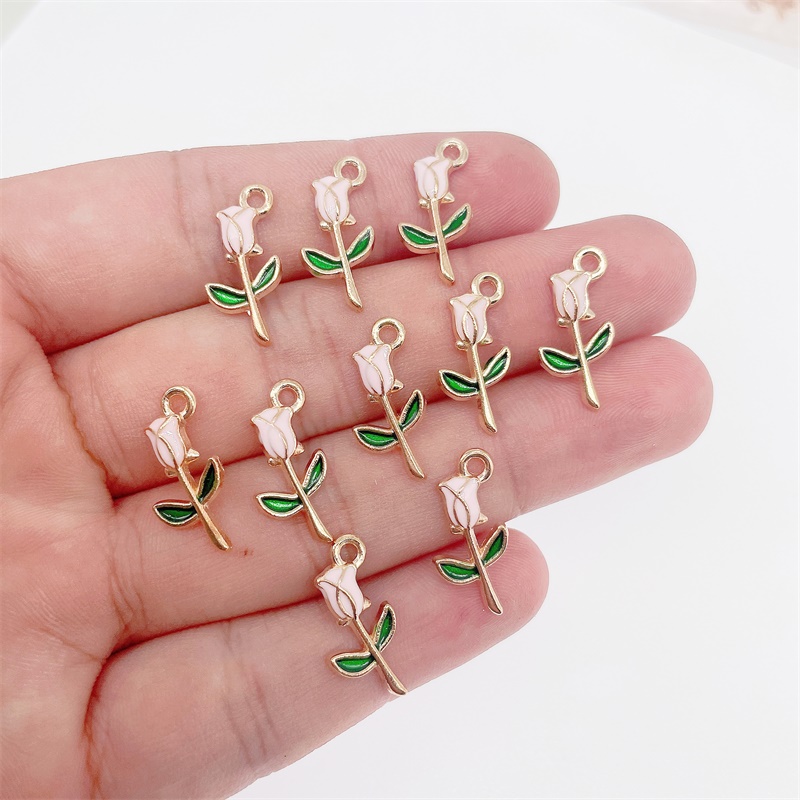 20Pcs 19x10mm Colorful Sweet Romantic Red Rose Blue Pink Flower Pendant Cute Drip Oil Alloy Charm For Jewelry Making Supplies