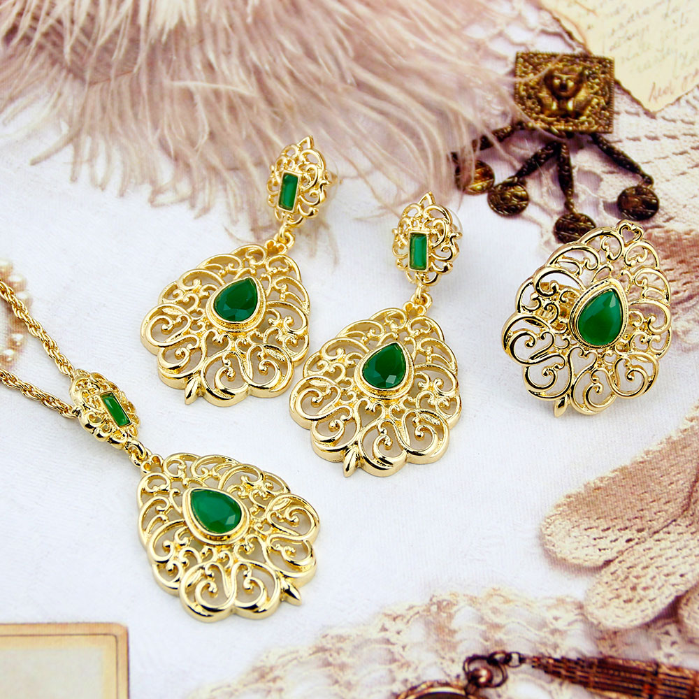 Sunspicems 18k Gold Color Algeria Morocco Jewelry Sets Drop Earring Pendant Necklace Ring For Women Arab Bride Wedding Bijoux