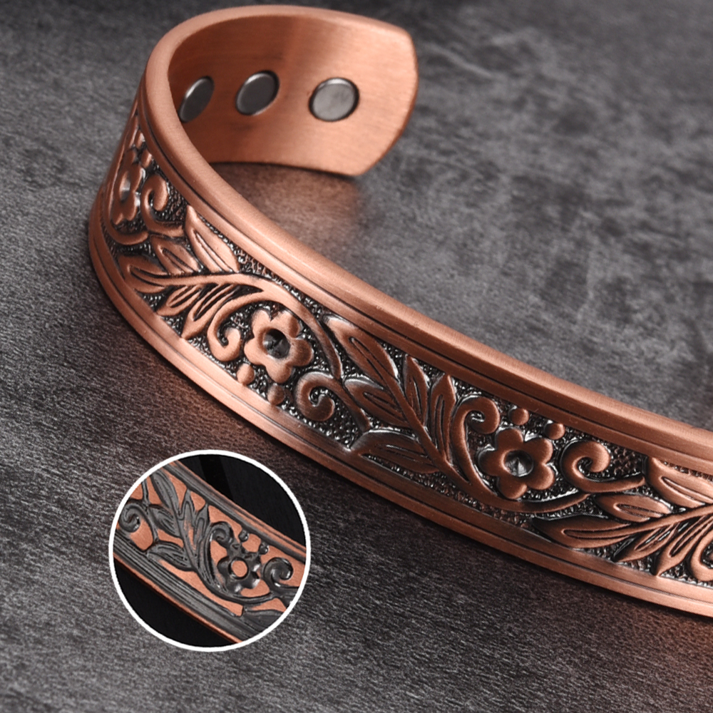 Vinterly Magnetic Copper Bracelets Men Wide Health Energy Magnet Vintage Flower Adjustable Open Cuff Bangles for Women Resizable