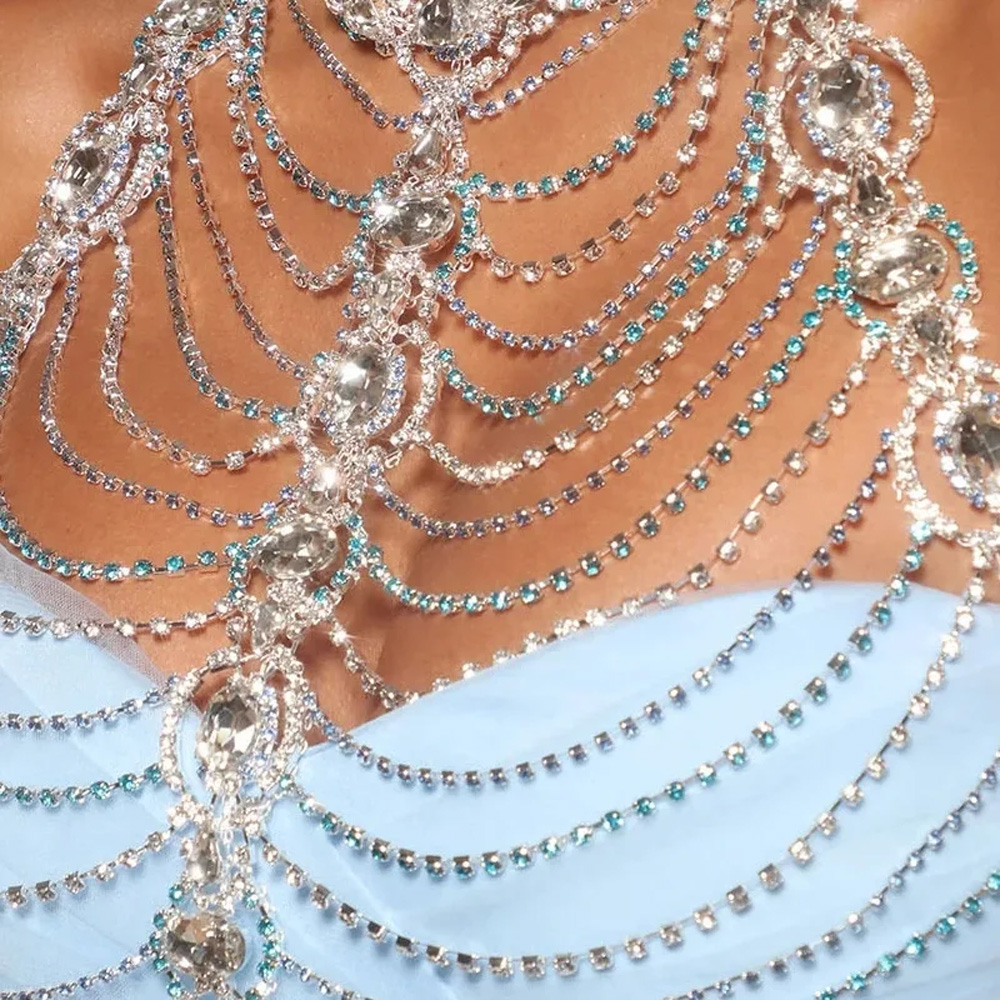 Block Layered Chest Chain Jewellery for Women Rhinestone Luxury Statement Collares Body Accessories Festival Jewelry Belly