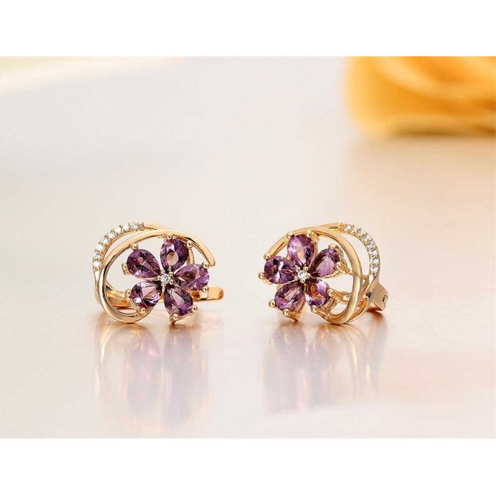 Five Petal Purple Flower Yellow Gold Color Huggies Hoop Earrings for Women Jewelry bijoux Aros pendientes oorbellen orecchini