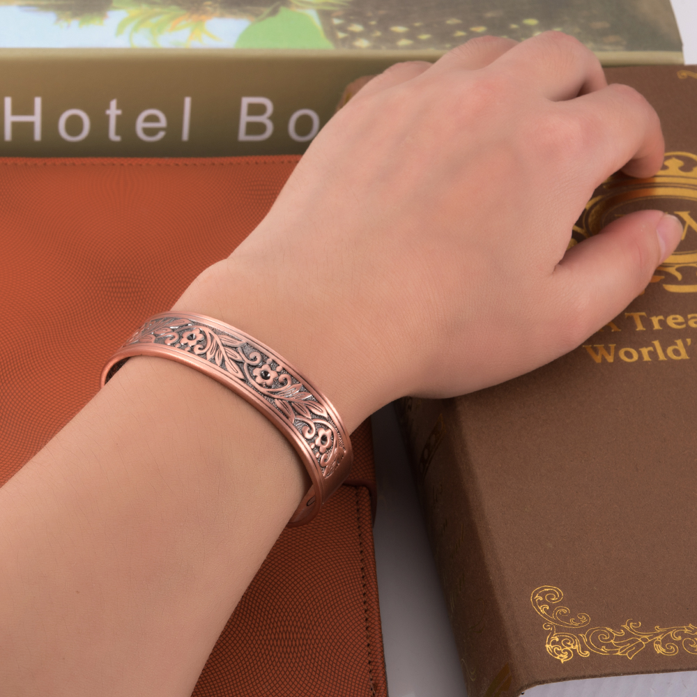 Vinterly Magnetic Copper Bracelets Men Wide Health Energy Magnet Vintage Flower Adjustable Open Cuff Bangles for Women Resizable