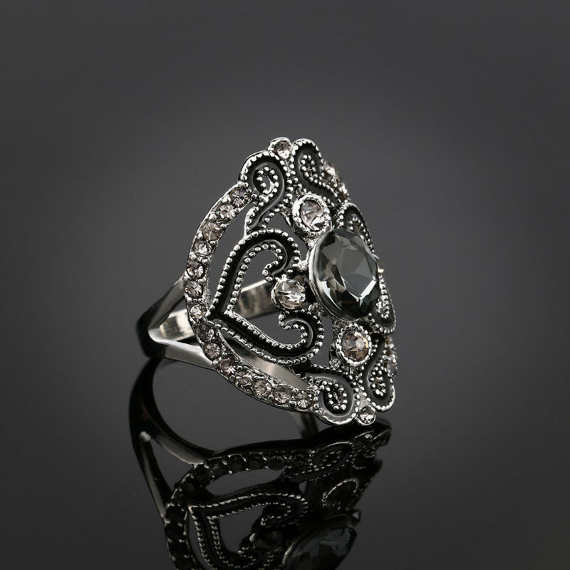 Statement Indian Jewelry Accessories Punk Vintage Tibetan Silver Rings For Women Cheap Black Hollow Out Flower Enamel Ring