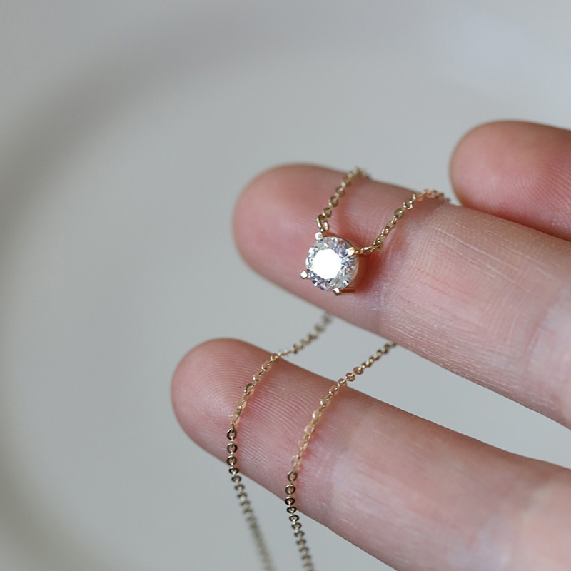 925 Sterling Silver French Simple Crystal Pendant Clavicle Chain Necklace Women Light Luxury Party Plating 14k Gold Jewelry