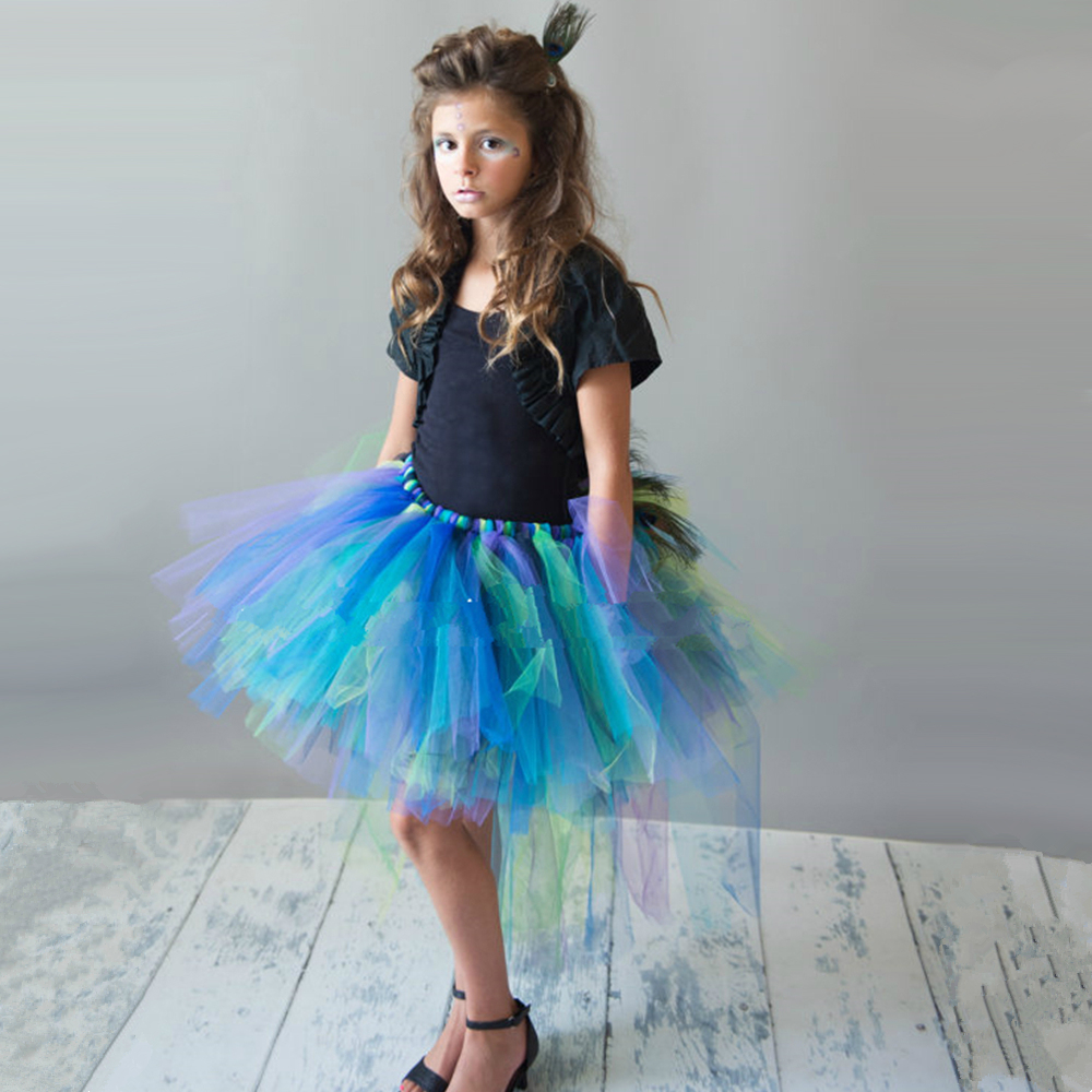 Peacock Feathers Girls Tutu Skirt Trailing Tulle Baby Girl Tutu Skirt Fluffy Kids Skirts For Girls Party Halloween Costume 1-14Y