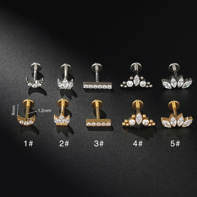 1PC G23 Titanium Piercing Labret Studs Internal Thread Lip Stud Earrings CZ Leaf Crown Helix Cartilage Tragus Piercing Jewelry
