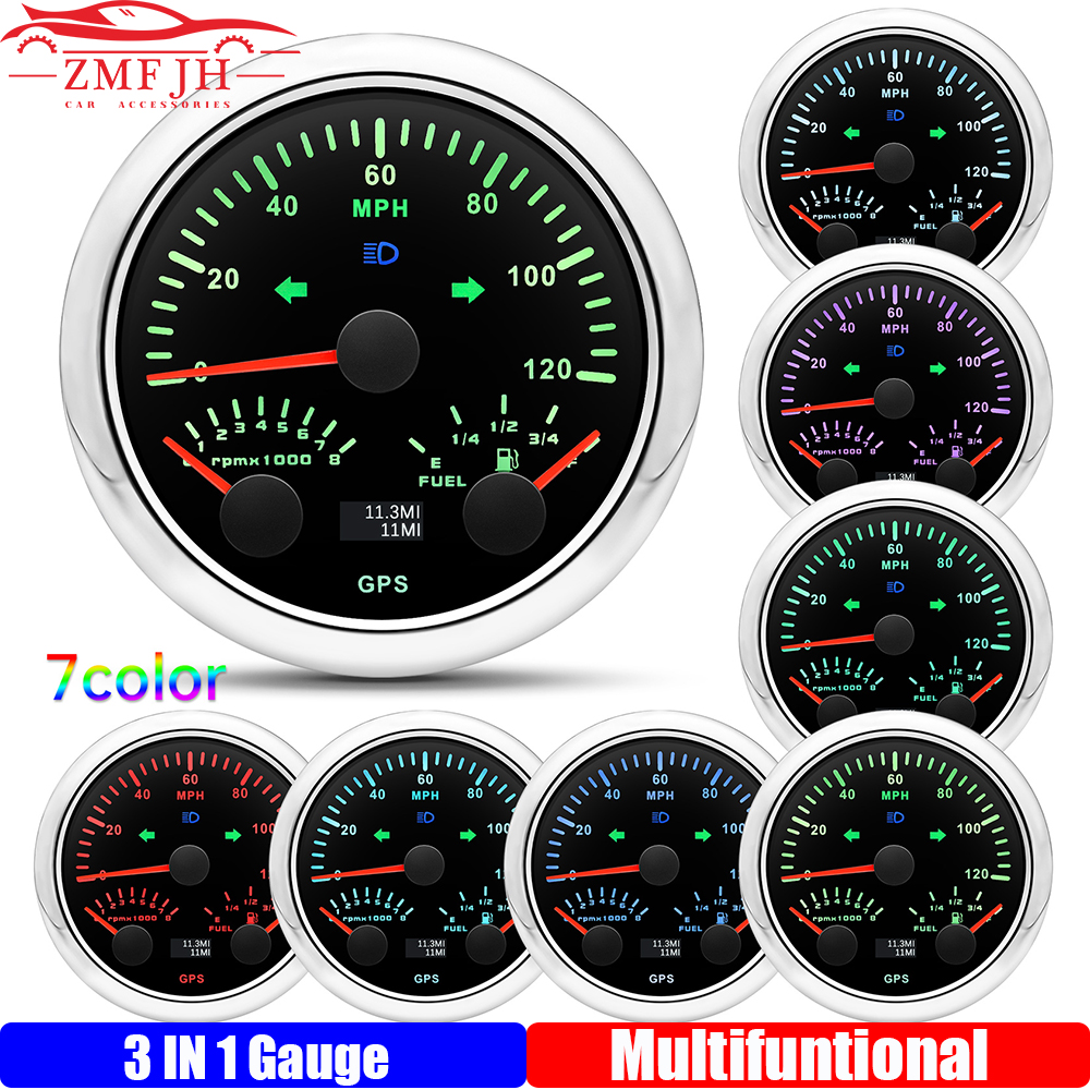 0~120 MPH GPS Speedometer+8000 RPM Tachometer+Fuel Level Gauge 7 Color Light 85mm Gauge with Turn Light for Boat Car 12V 24V