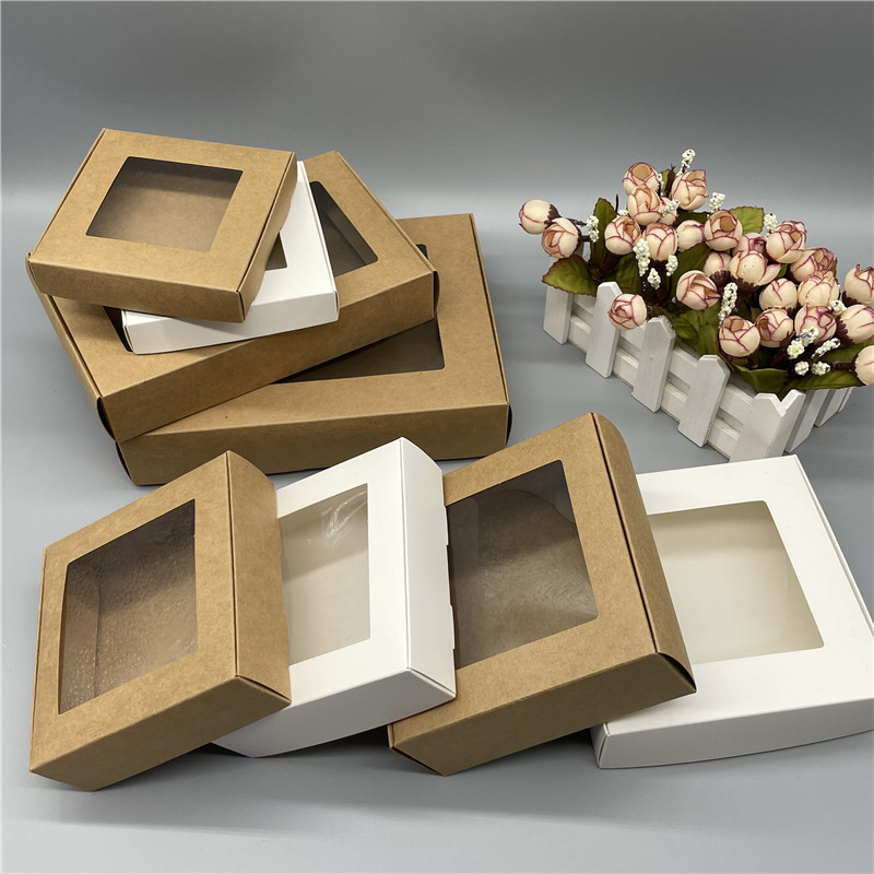 15Pcs Kraft Paper Box Clear PVC Windows Handmade Soap Box White Craft Paper Gift Box Black Packaging Jewelry Boxes