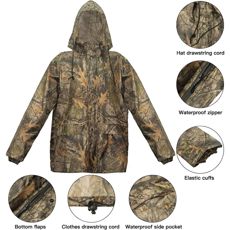 Portable Woodland Camo Poncho Raincoat Set with Rain Pants Folding Waterproof Clothes Trip Man Rain Jacket