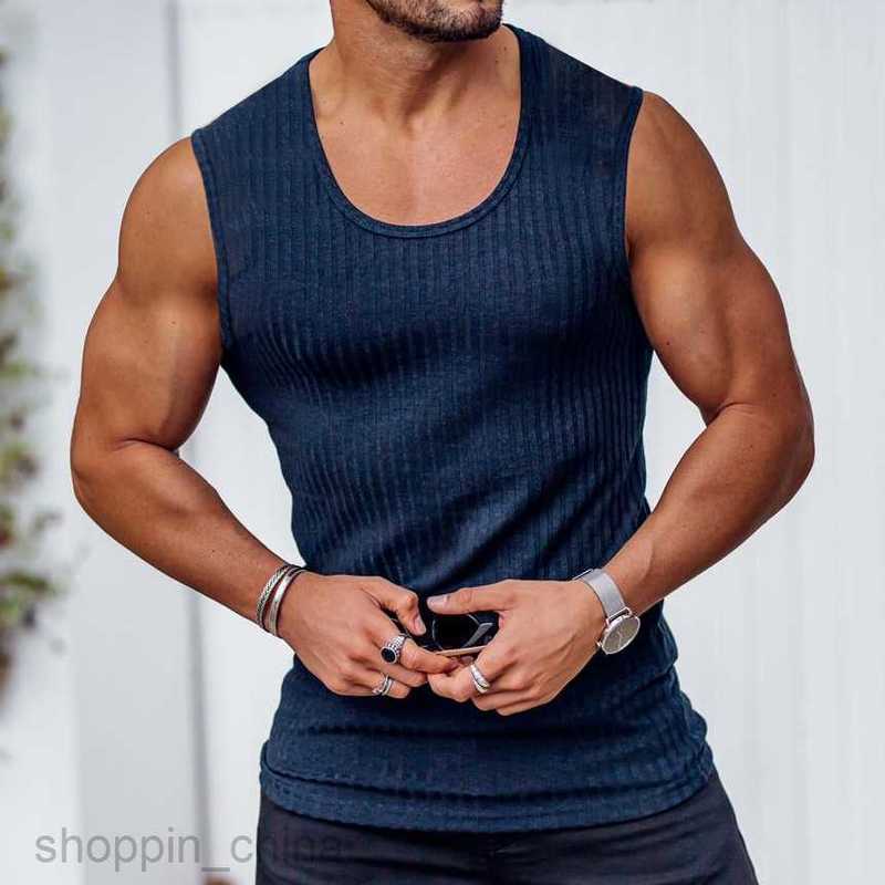 Men's T Shirts Summer Knitted Vertical Fitness Sports Leisure Slim Fit Tank Top for Male Sleeveless Wide Shoulder Tank Top for Men tees tops