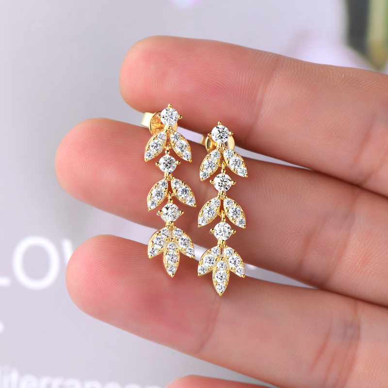 Lnngy 925 Sterling Silver Drop Earrings For Girls Long Tassel Leaf Shape Pave Setting Moissanite Earring 2023 Wedding Jewelry