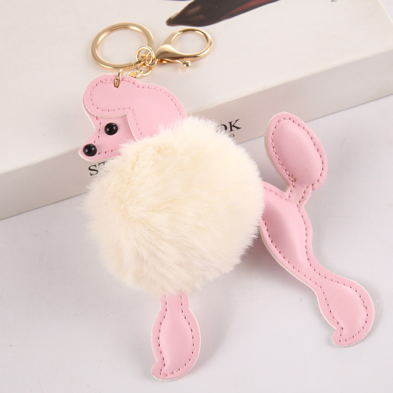 Lovely Poodle Faux Fur Ball Keychain Cute PU Leather Fluffy Animal Dog Keyring Women Bag Pendant Charm Plush Puppy Trinket Gifts