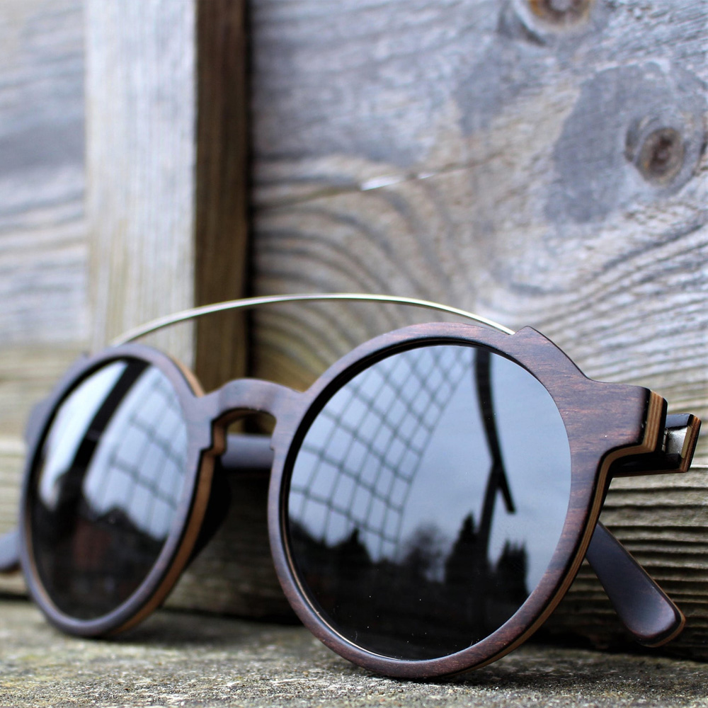 Unique Round Wood Sunglasses With Metal Bridge Modern Men Women Polarized Ebony Black Sun Glasses UV400 Handmade Oversize Shades