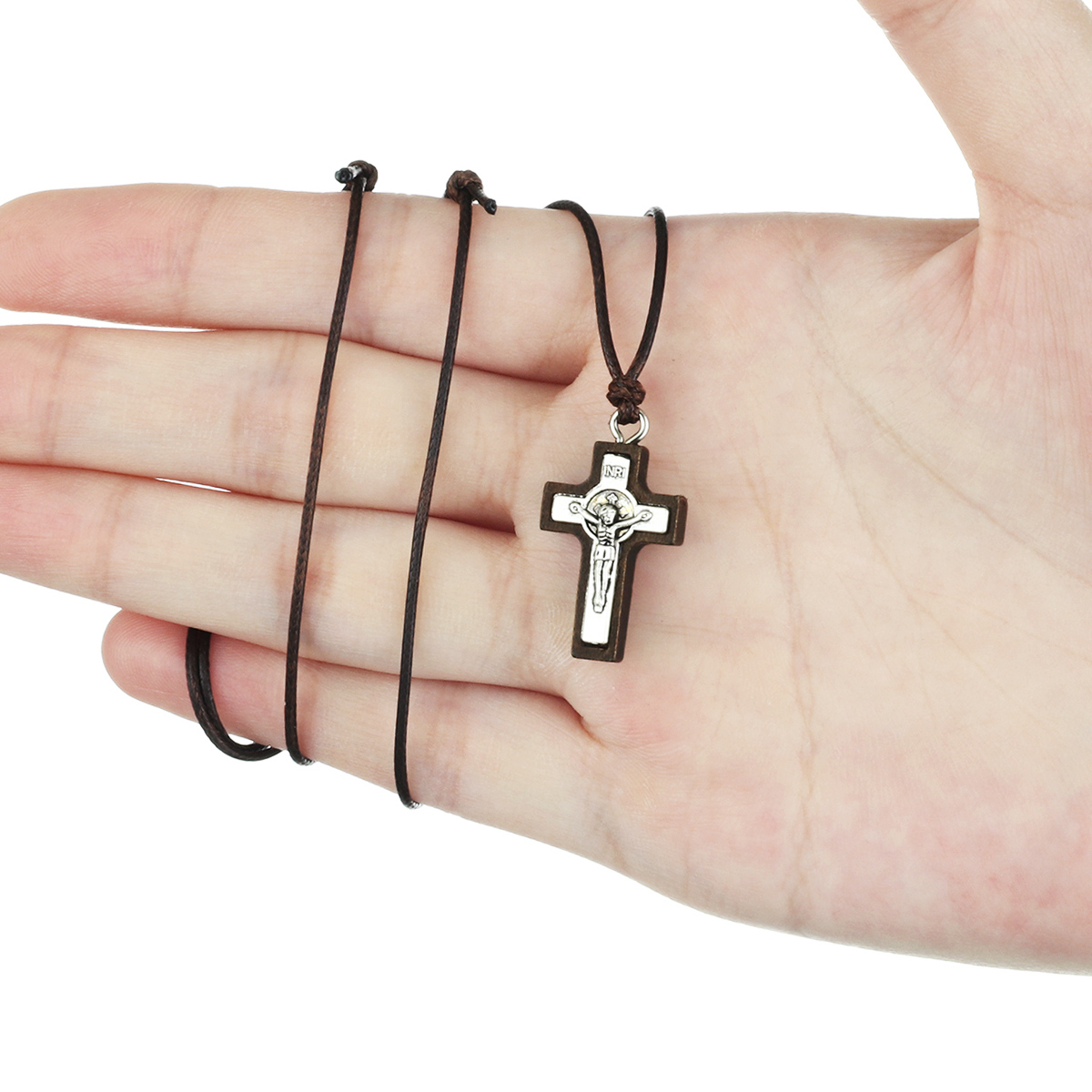 Catholic INRI Crucifix Necklace for Men Religious Small Wood Cross Necklace Pendant Jewelry Adjustable Rope Chains NC219