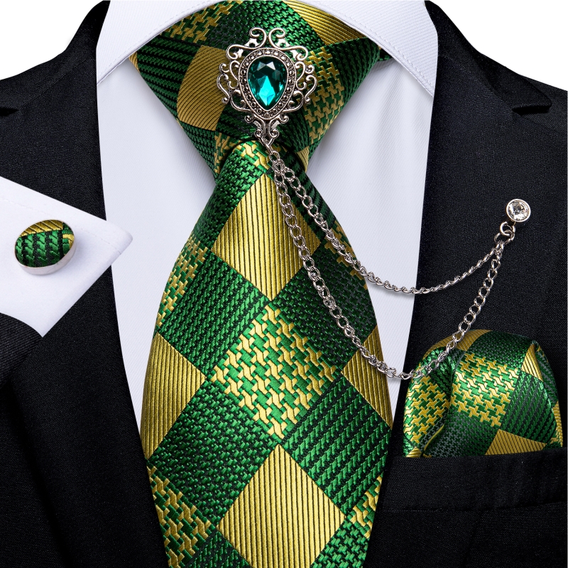 Luxury Green Plaid Silk Ties For Men With Handkerchief 8cm Wide Wedding Neck Tie Set Pocket Square Brooch Chain Accessories Gift
