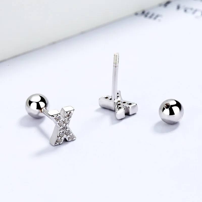 TrustDavis Real 925 Sterling Silver 26 Letter CZ Screw Beads Stud Earrings for Women Children Baby Minimalist Jewelry DB1430