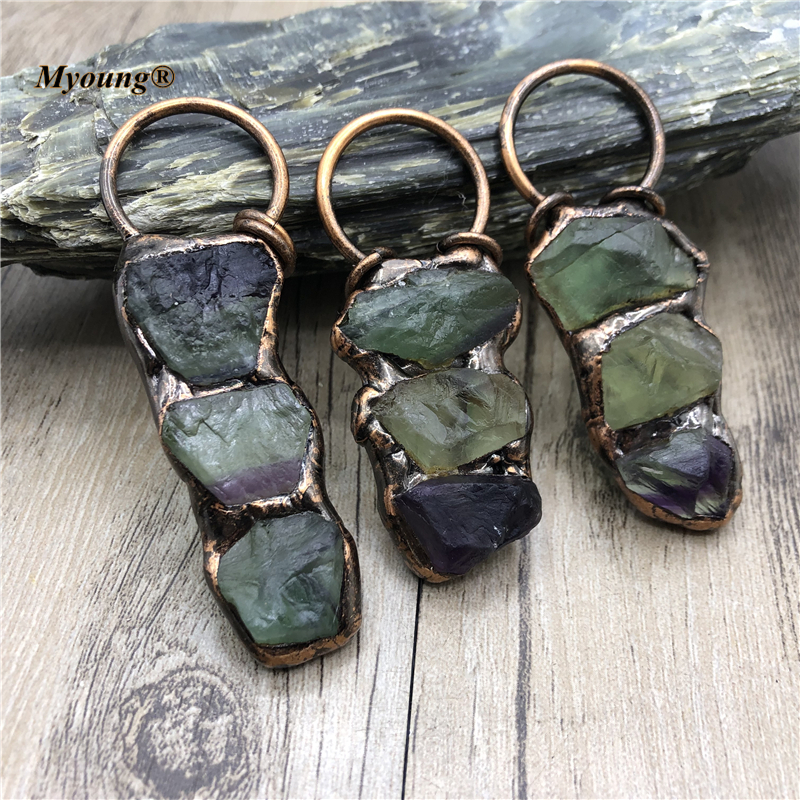 5PCS Boho Jewelry Soldered Fluorite Green Crystal Quartz Antique Vintage Stone Necklace Pendants MY210425
