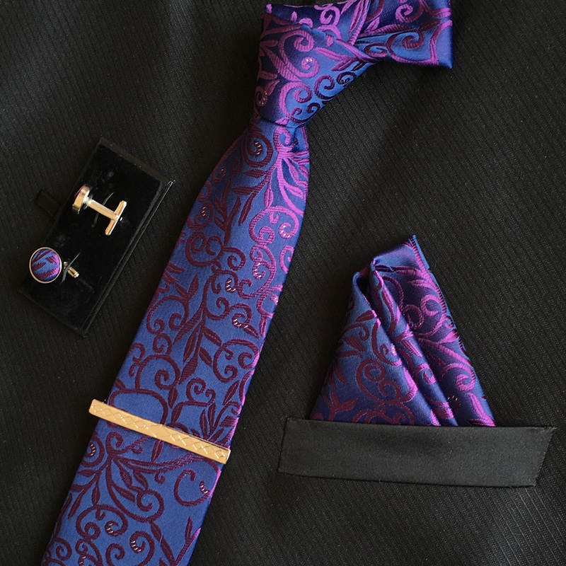 Striped Tie mens silk ties 8 cm necktie and cufflinks & Tie clip + hankies with 4 sets gravatas jacquard Striped Wedding lot