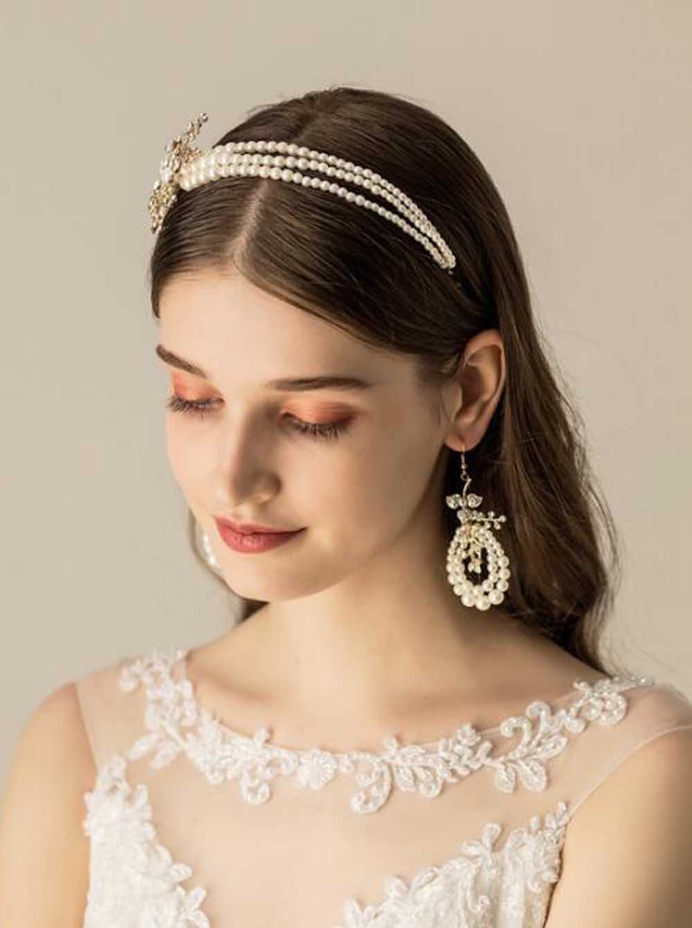 Gold Rhinestone Leaf Pearls Wedding Headband Tiara with Earrings Crystal Headpiece Bridal Hair Accessories for Bride Women