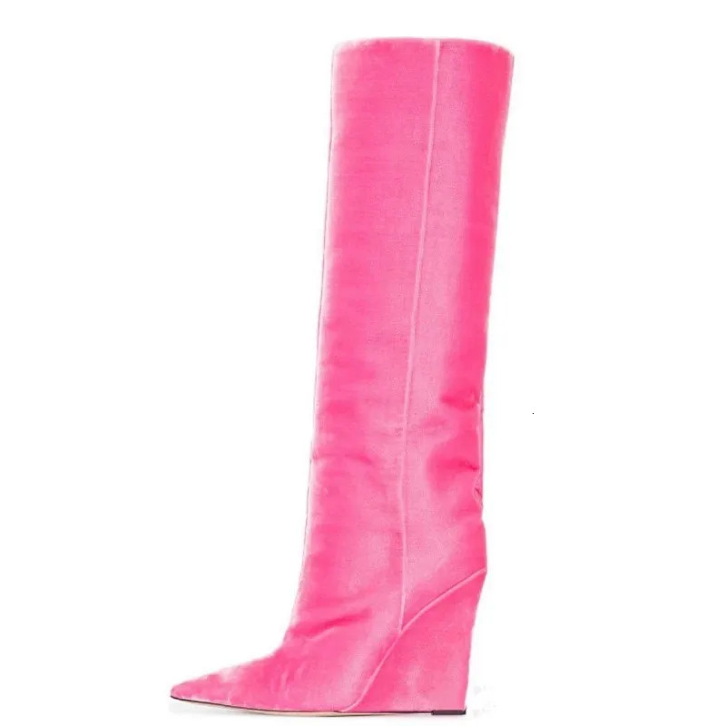 2023 Winter European American Show Wedge Knee Length New Pointed High Heel Bright Leather Large Women's Boots 68