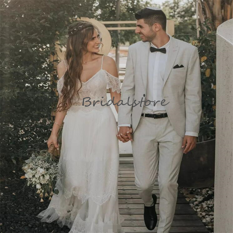 Civil Korean Boho Wedding Dresses Spaghetti Straps Lace Destination Beach Bridal Dress Backless Chic Fairy Bride Dress 2024 Hippies Greek Bohemian Ves